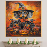 Dachshund Dog Halloween Canvas Wall Art with Pumpkins and Witch Hats Rustic Fall Accent for Cozy Autumn Homes on Ready to Hang 1.5" Thick Canvas Wrap, Floating Framed Canvas, Flat Rolled Canvas